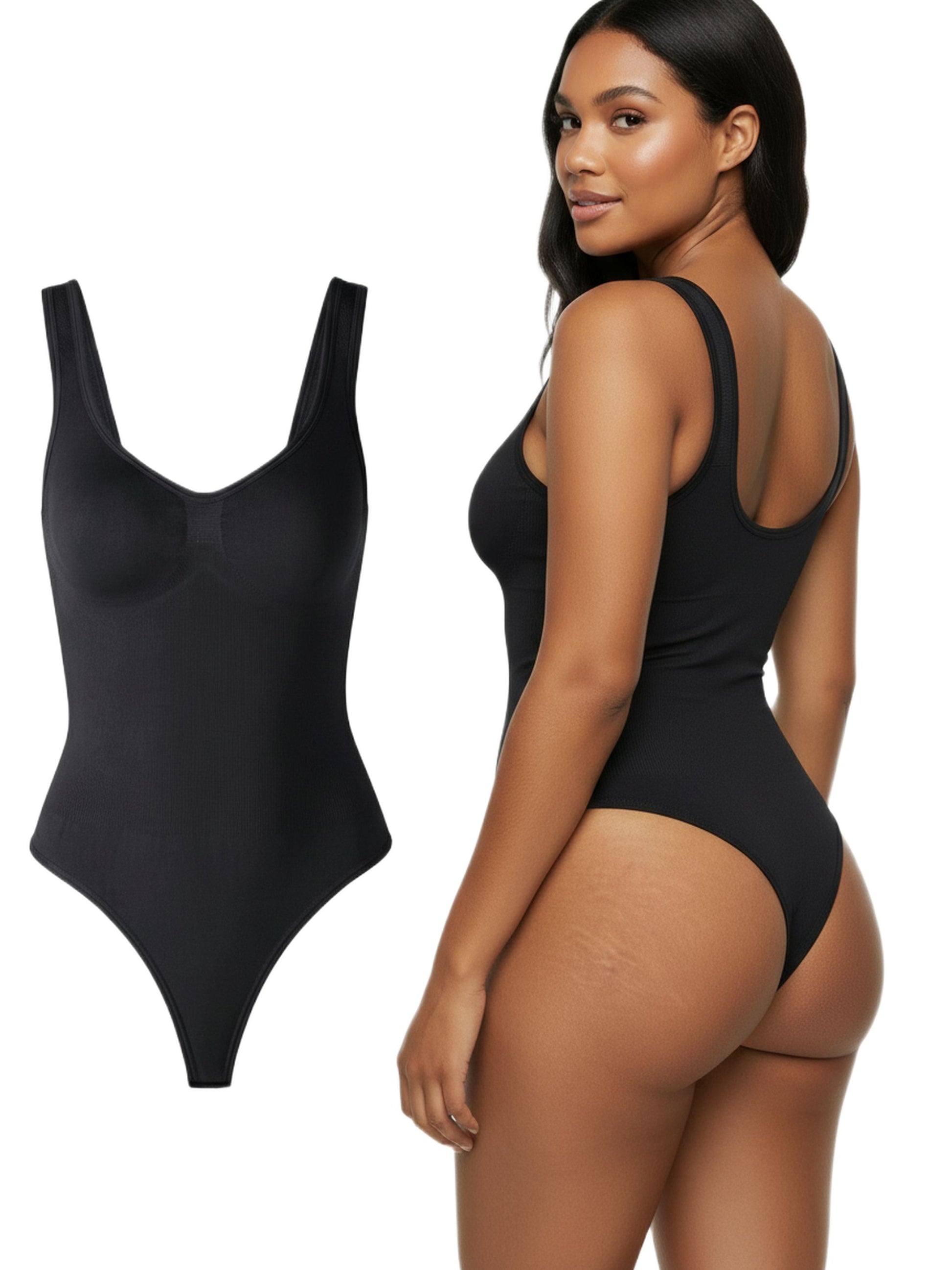 Shapies Wide Strap Bodysuit in black, front and back view