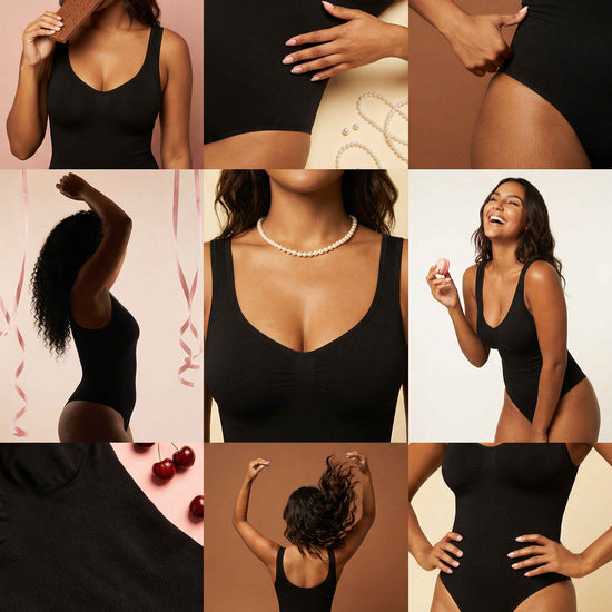 Shapies Wide Strap Bodysuit in black, lifestyle photo