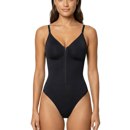 Shapies Zip-Front Bodysuit in black, front view