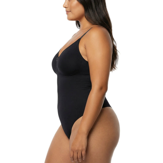 Shapies Zip-Front Bodysuit in black, side view