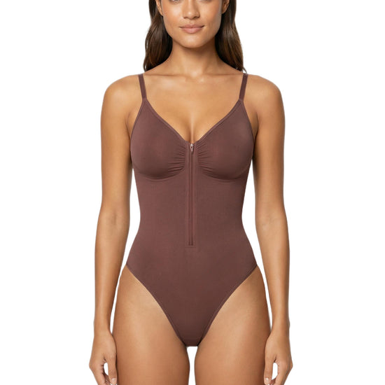 Shapies Zip-Front Bodysuit in brown, front view