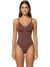 Shapies Zip-Front Bodysuit in brown, front view